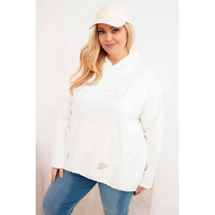 Moteriškas Plus Size džemperis su gobtuvu ir spaudiniu, ekru spalvos