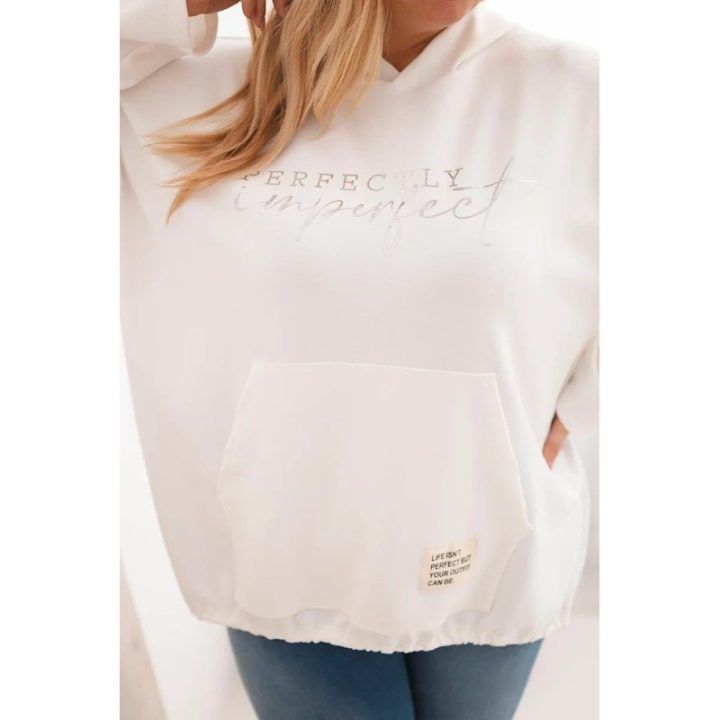 Moteriškas Plus Size džemperis su gobtuvu ir spaudiniu, ekru spalvos