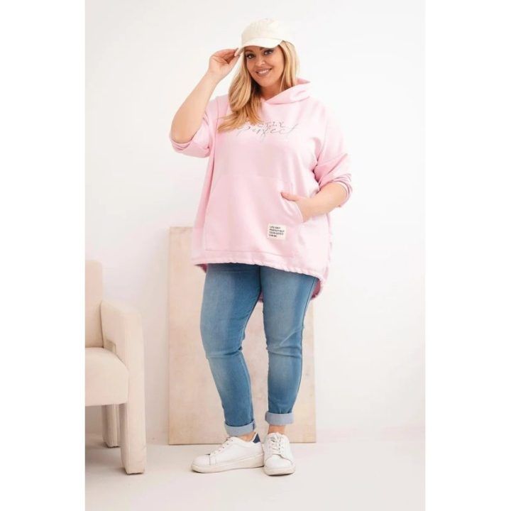 Moteriškas Plus Size džemperis su gobtuvu ir spauda, rožinės spalvos