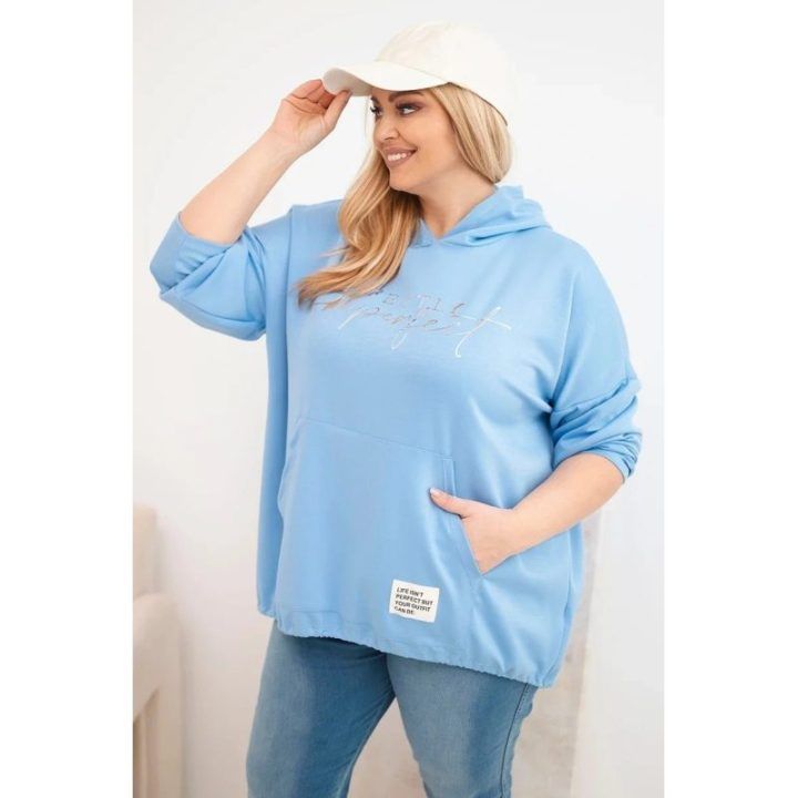 Moteriškas Plus Size džemperis su gobtuvu ir spauda, mėlynos spalvos