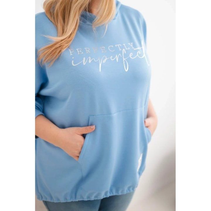 Moteriškas Plus Size džemperis su gobtuvu ir spauda, mėlynos spalvos