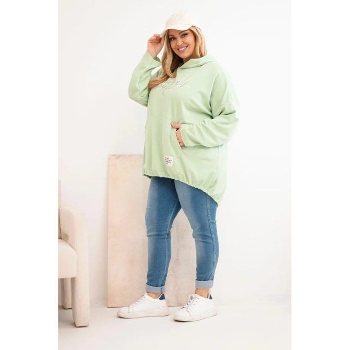 Moteriškas Plus Size džemperis su gobtuvu ir spauda, mėtų spalvos