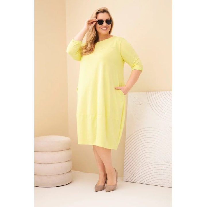 Moteriška Plus Size midi suknelė su rankogaliais ir kišenėmis, pistacijų spalvos