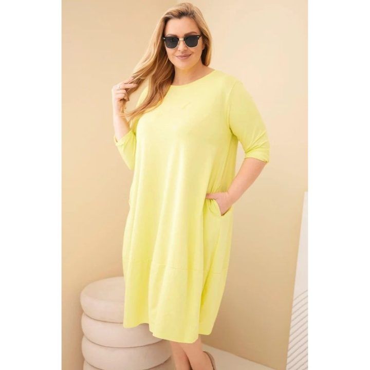 Moteriška Plus Size midi suknelė su rankogaliais ir kišenėmis, pistacijų spalvos