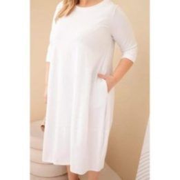 Moteriška Plus Size balta suknelė su rankogaliais ir kišenėmis
