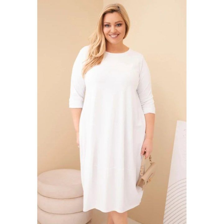 Moteriška Plus Size balta suknelė su rankogaliais ir kišenėmis