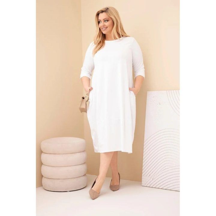Moteriška Plus Size balta suknelė su rankogaliais ir kišenėmis