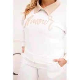 Moteriškas Plus Size komplektas su plačiomis kelnėmis ir apykakle, baltos spalvos