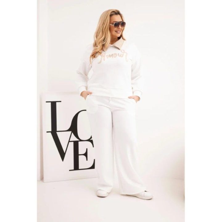 Moteriškas Plus Size komplektas su plačiomis kelnėmis ir apykakle, baltos spalvos