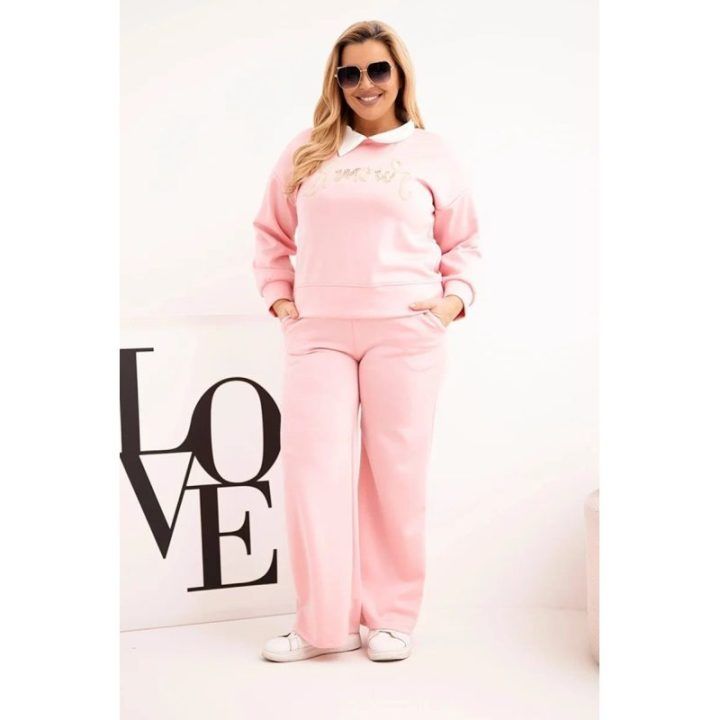 Moteriškas Plus Size komplektas su plačiomis klešnėmis ir apykakle, šviesiai rožinės spalvos