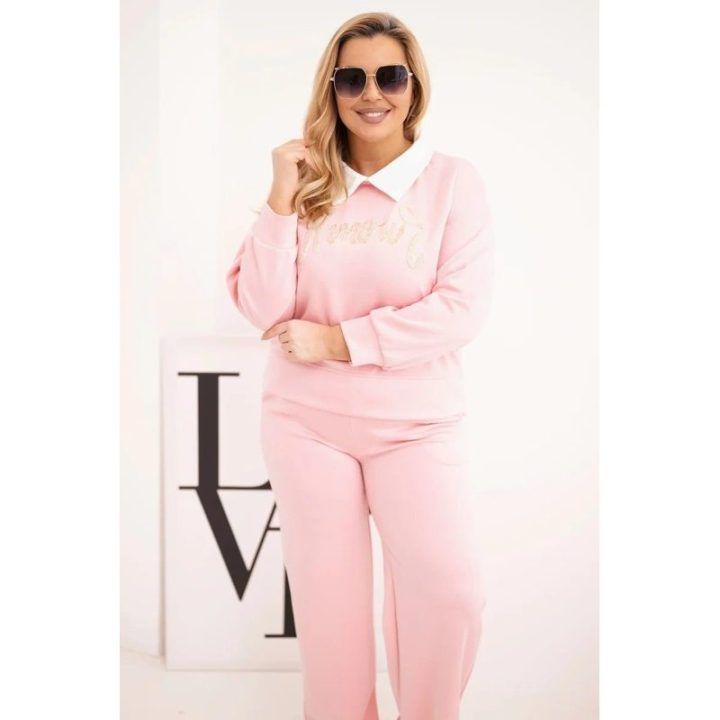 Moteriškas Plus Size komplektas su plačiomis klešnėmis ir apykakle, šviesiai rožinės spalvos