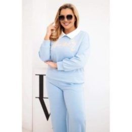 Moteriškas Plus Size komplektas su plačiomis kelnėmis ir apykakle, mėlynos spalvos