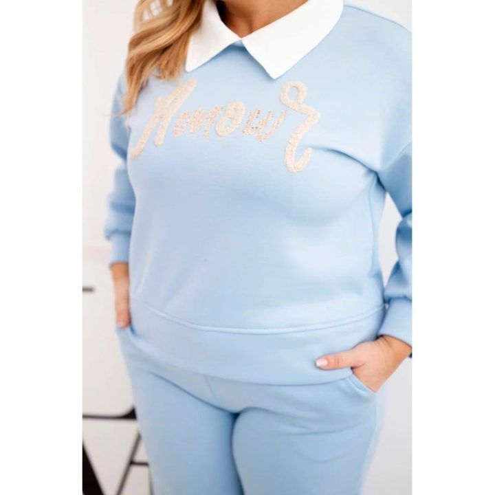 Moteriškas Plus Size komplektas su plačiomis kelnėmis ir apykakle, mėlynos spalvos