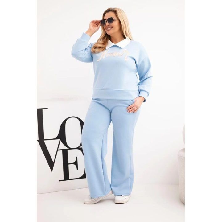 Moteriškas Plus Size komplektas su plačiomis kelnėmis ir apykakle, mėlynos spalvos