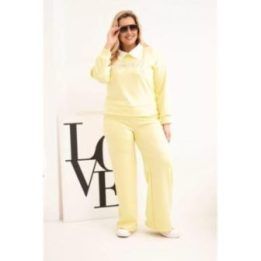 Moteriškas Plus Size komplektas su plačiomis kelnėmis ir apykakle, geltonos spalvos