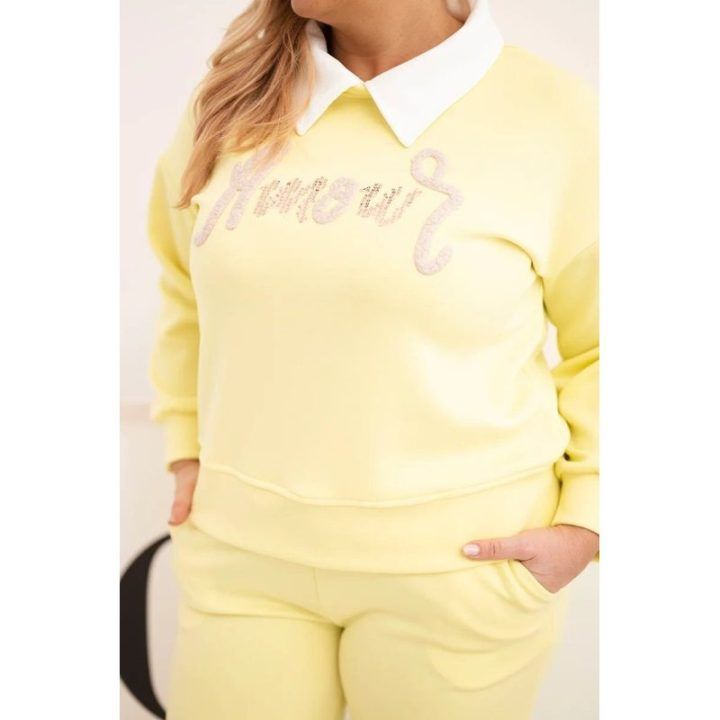 Moteriškas Plus Size komplektas su plačiomis kelnėmis ir apykakle, geltonos spalvos