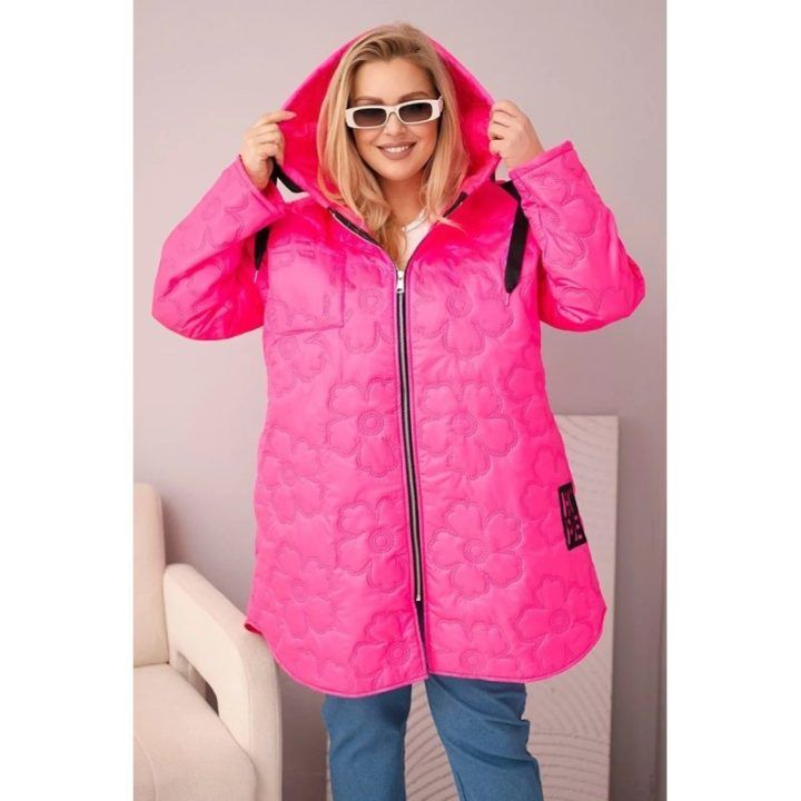 Moteriška Plus Size dygsniuota striukė su gobtuvu ir HOPE užrašu, rožinės spalvos