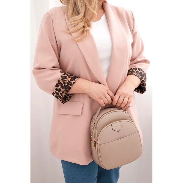 Moteriškas Plus Size švarkas su leopardo pamušalu, pudrinės rožinės spalvos