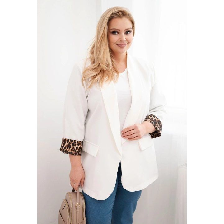 Moteriškas Plus Size švarkas su panterinės spalvos pamušalu, ekru