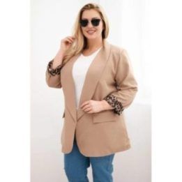 Moteriškas Plus Size švarkas su leopardo rašto pamušalu, kapučino spalvos