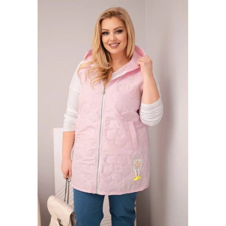 Moteriška Plus Size liemenė su gobtuvu, gėlių rašto, rožinės spalvos