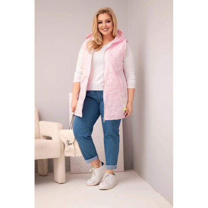Moteriška Plus Size liemenė su gobtuvu, gėlių rašto, rožinės spalvos