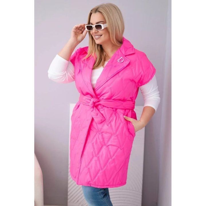 Moteriška Plus Size dygsniuota liemenė su diržu ir apykakle, neoninė rožinė