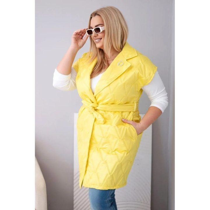 Moteriška Plus Size dygsniuota liemenė su diržu ir apykakle, geltonos spalvos