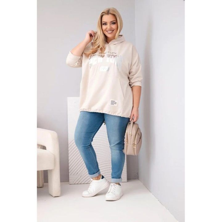 Moteriškas Plus Size džemperis su gobtuvu, smėlio spalvos