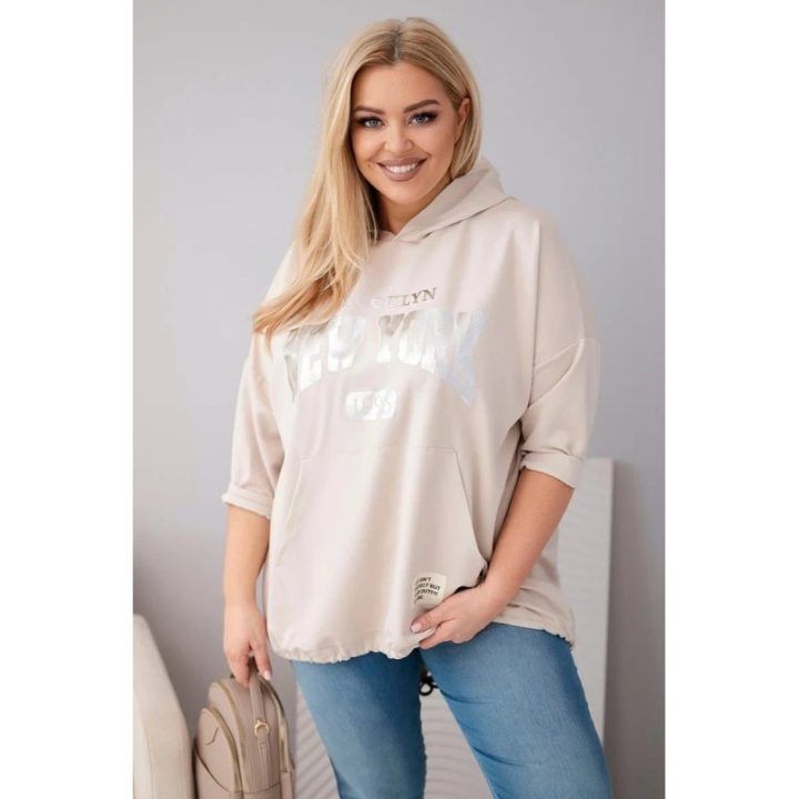 Moteriškas Plus Size džemperis su gobtuvu, smėlio spalvos