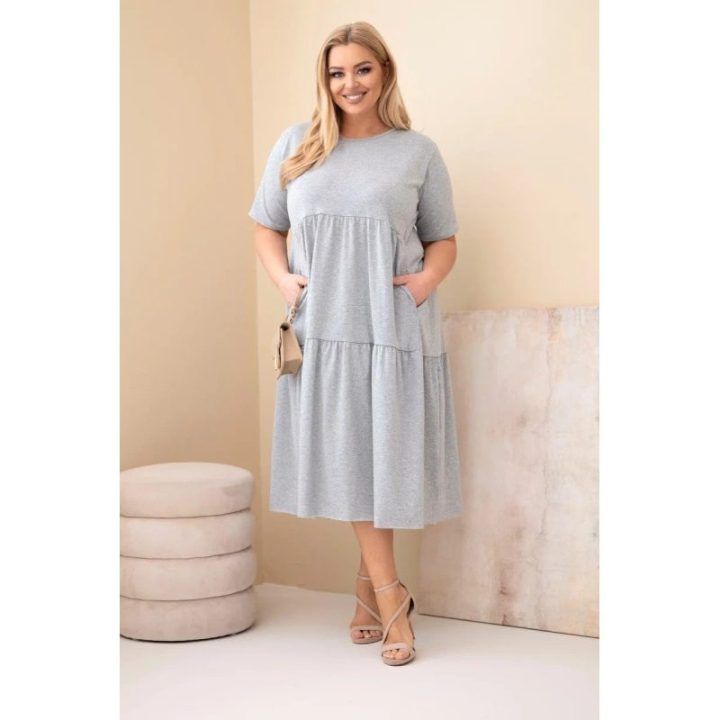 Moteriška Plus Size pilka melanžo suknelė trumpomis rankovėmis