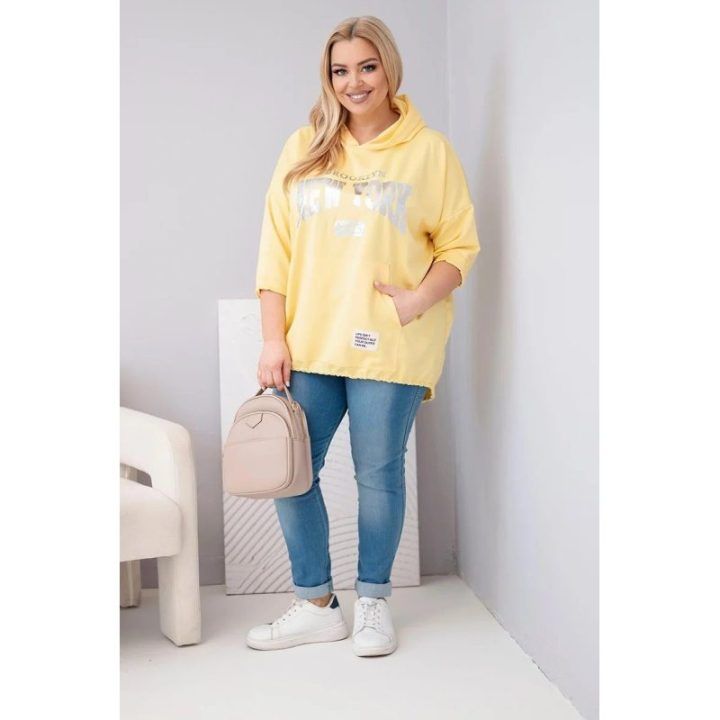 Moteriškas Plus Size džemperis su gobtuvu ir kišene, geltonos spalvos