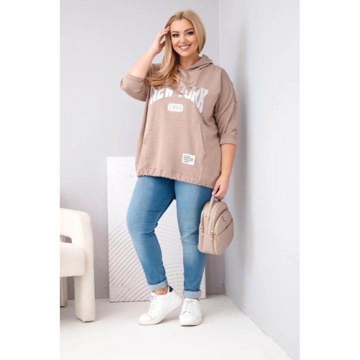 Moteriškas Plus Size džemperis su gobtuvu ir kišene, kapučino spalvos