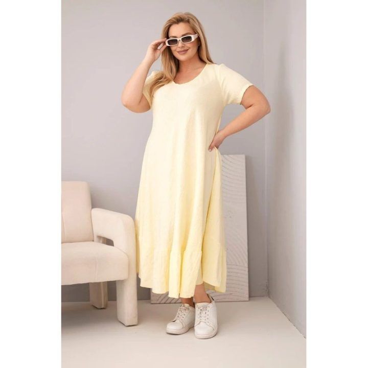 Moteriška Plus Size suknelė su trumpomis rankovėmis ir raukinuku, geltonos spalvos