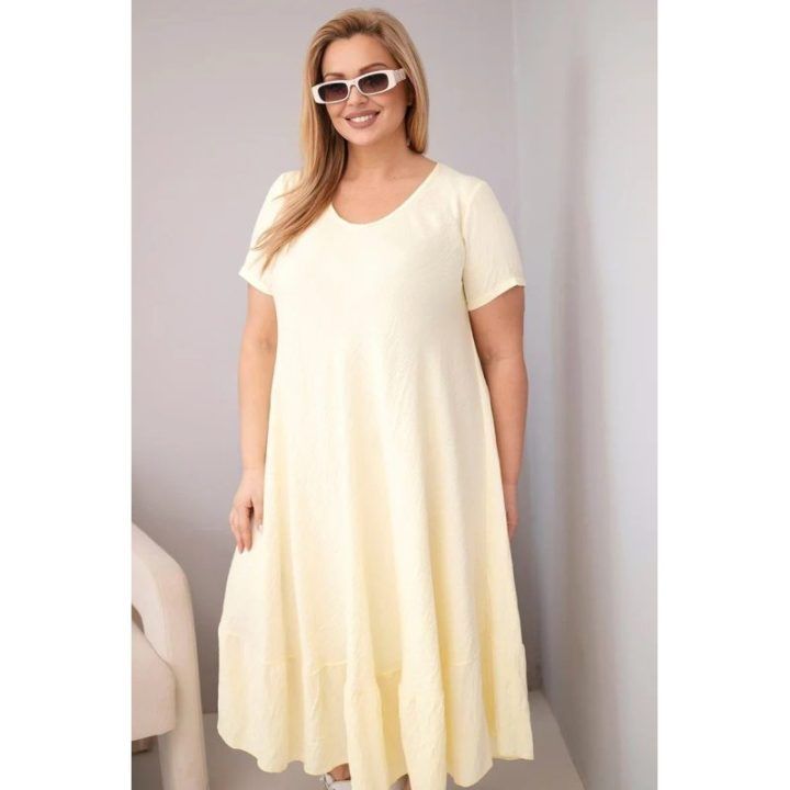 Moteriška Plus Size suknelė su trumpomis rankovėmis ir raukinuku, geltonos spalvos