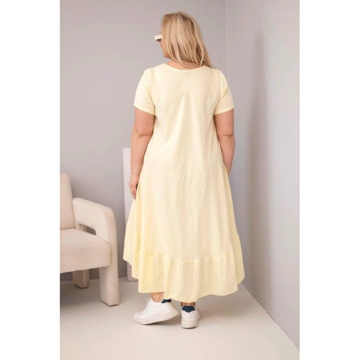 Moteriška Plus Size suknelė su trumpomis rankovėmis ir raukinuku, geltonos spalvos