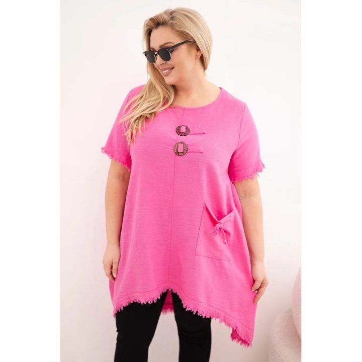 Moteriška Plus Size medvilninė suknelė su ilgesne nugara ir kišene, rožinės spalvos