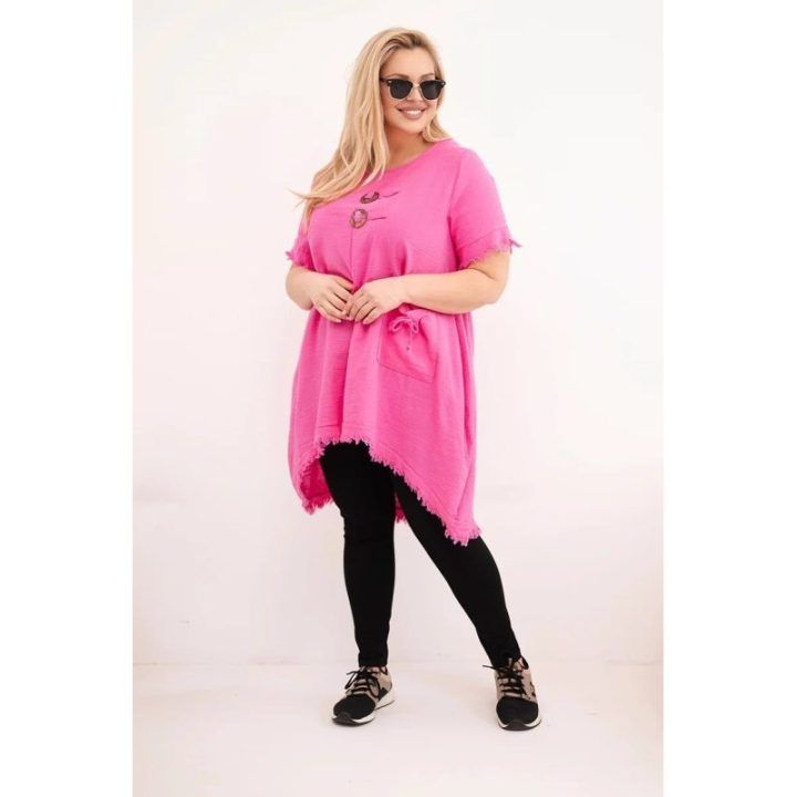 Moteriška Plus Size medvilninė suknelė su ilgesne nugara ir kišene, rožinės spalvos