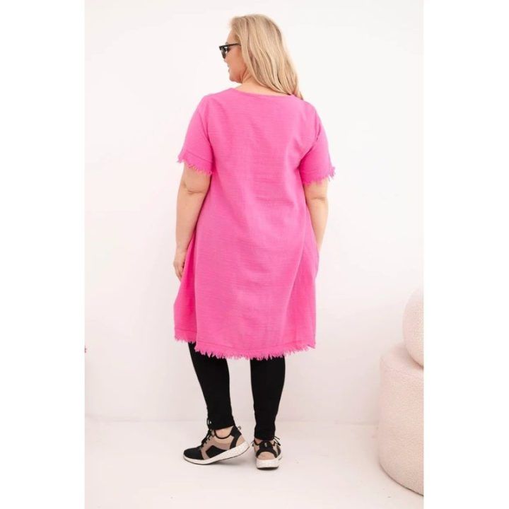 Moteriška Plus Size medvilninė suknelė su ilgesne nugara ir kišene, rožinės spalvos