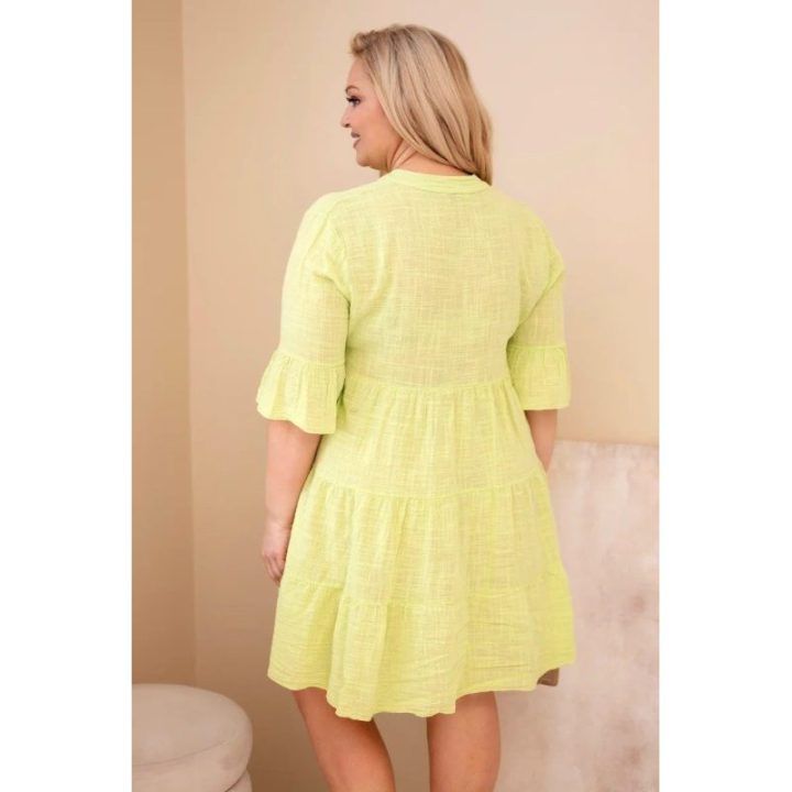 Moteriška Plus Size medvilninė suknelė su raukiniais, šviesiai žalios spalvos