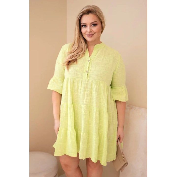 Moteriška Plus Size medvilninė suknelė su raukiniais, šviesiai žalios spalvos