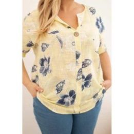 Moteriška Plus Size geltona gėlių rašto medvilninė palaidinė