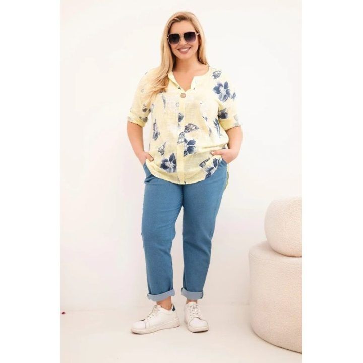 Moteriška Plus Size geltona gėlių rašto medvilninė palaidinė