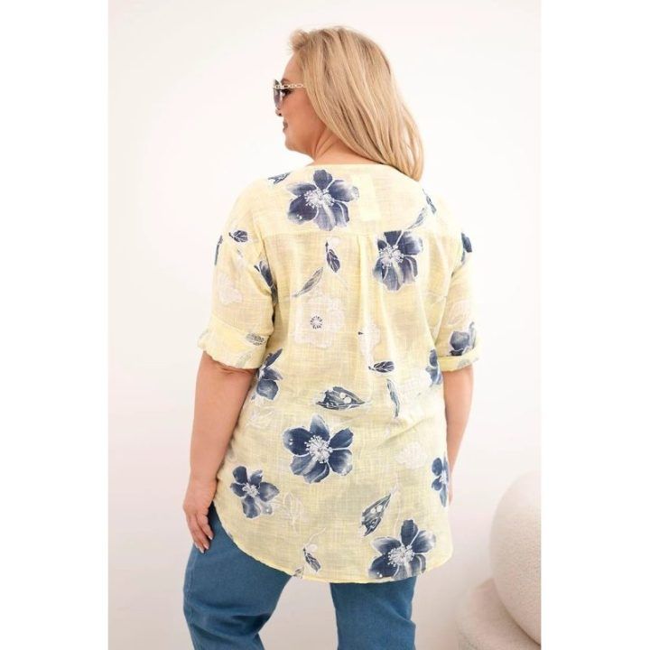 Moteriška Plus Size geltona gėlių rašto medvilninė palaidinė