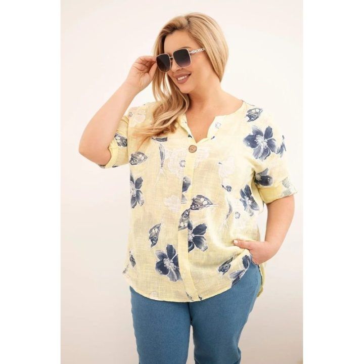 Moteriška Plus Size geltona gėlių rašto medvilninė palaidinė