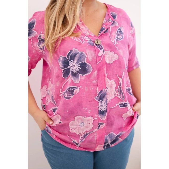 Moteriška Plus Size medvilninė palaidinė su gėlių raštu, rožinės spalvos