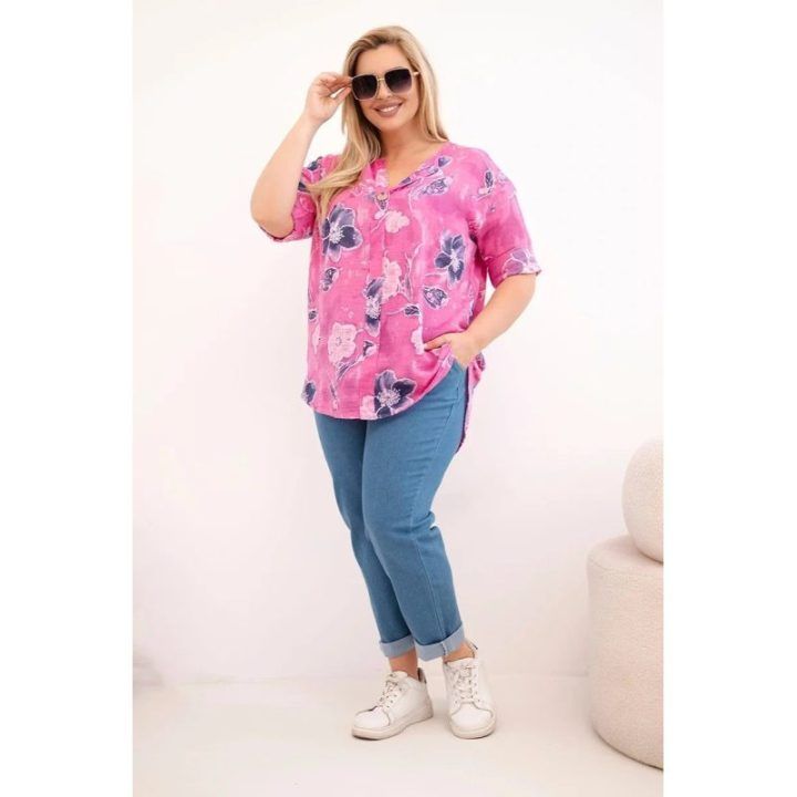 Moteriška Plus Size medvilninė palaidinė su gėlių raštu, rožinės spalvos