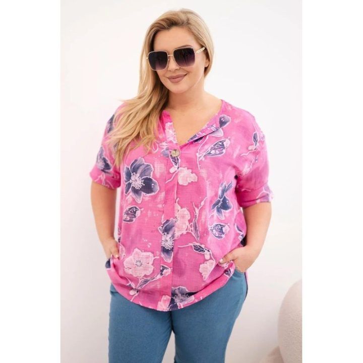 Moteriška Plus Size medvilninė palaidinė su gėlių raštu, rožinės spalvos
