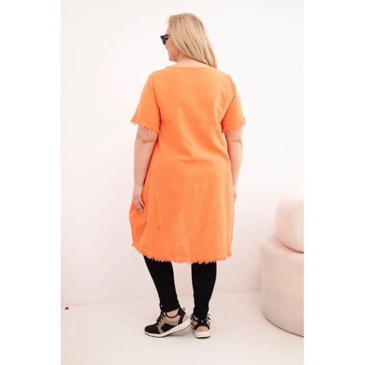 Moteriška Plus Size medvilninė suknelė su asimetriniu kraštu ir kišene, oranžinės spalvos