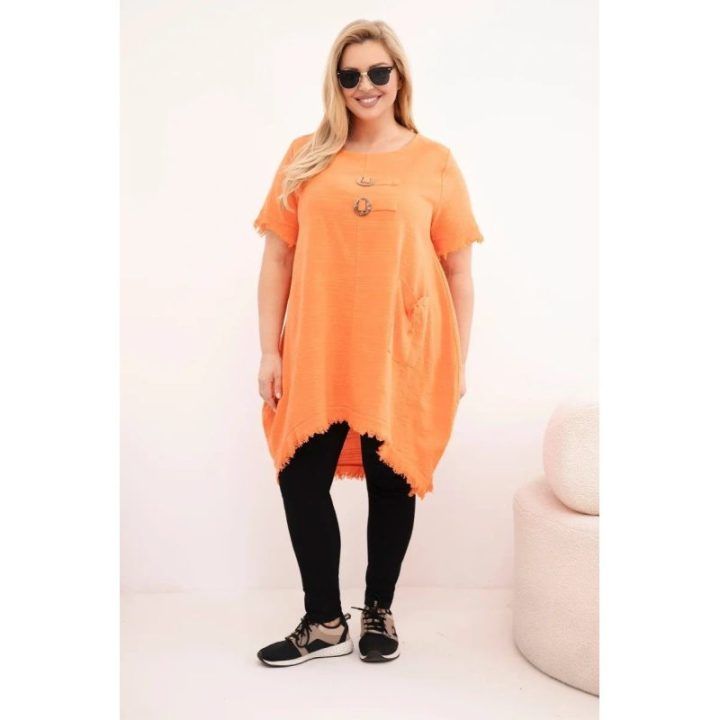 Moteriška Plus Size medvilninė suknelė su asimetriniu kraštu ir kišene, oranžinės spalvos